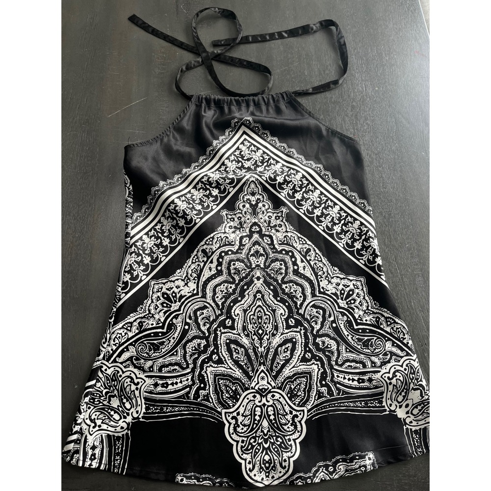 Black White Paisley Halter Neck Cami‎ Top Women's S/P Y2K Bandana Party Boho